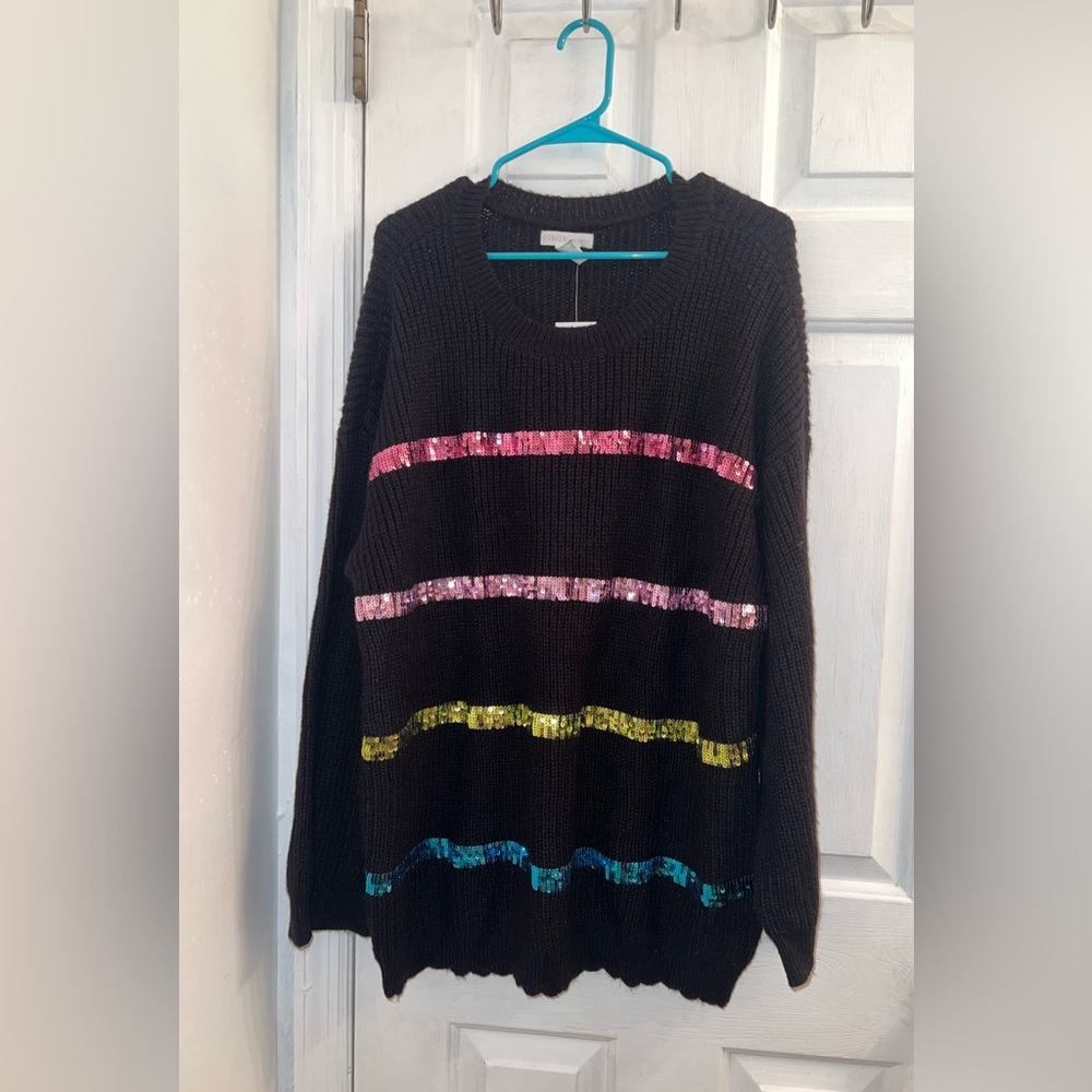 Size 1x black rainbow sequin pink green blue long tunic sweater